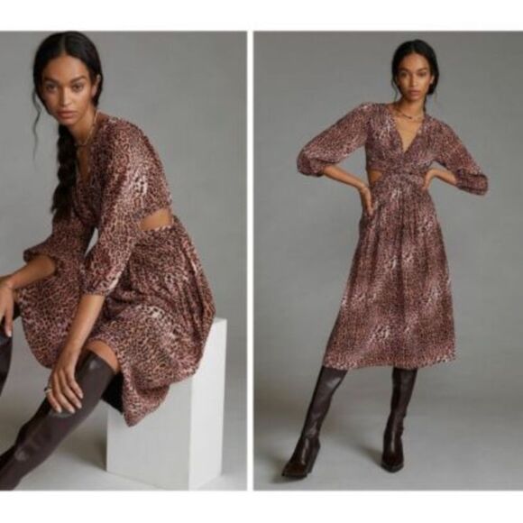 Anthropologie Ranna Gill Leopard Print Cut-out Midi Dress SZ L NWT